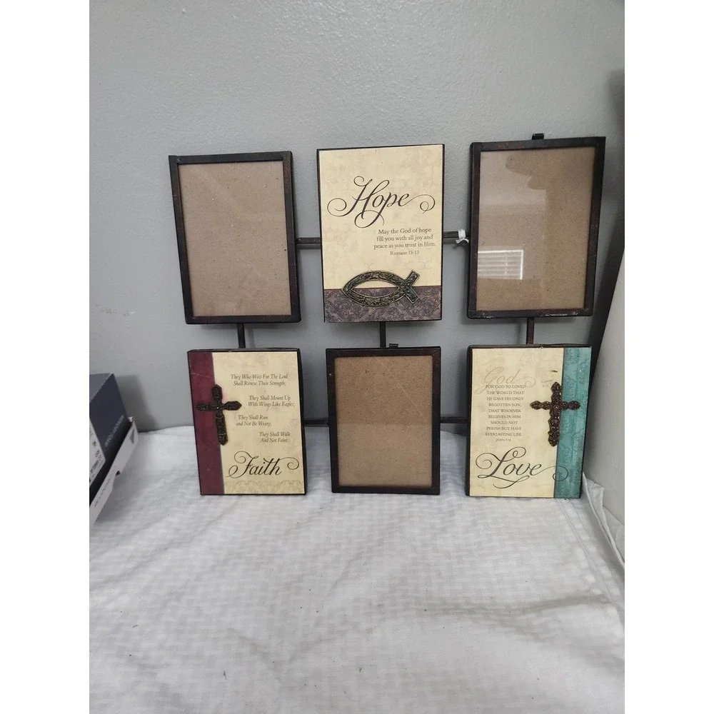 Religious Faith Hope Love Multi Photo Collage Wall Frame Metal Scripture Decor